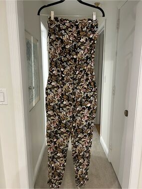 Sunday Best Black Floral Strapless Jumpsuit with Pink and Cream Flowers